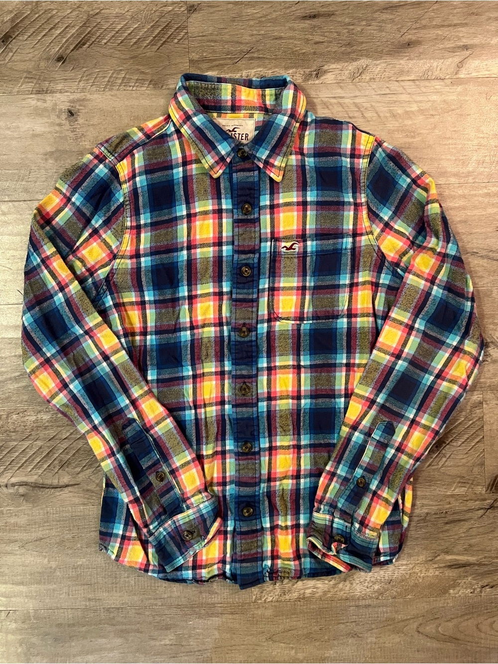 Hollister Button-Up Shirt Men L Blue and Yellow Cotton Plaid Long Sleeve Flannel